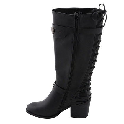 Ladies Back End Laced Boot: Description
Ladies calf lace boot with buckles for adjustment and a snakeskin patter under the la