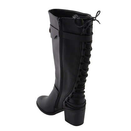 Ladies Back End Laced Boot: Description
Ladies calf lace boot with buckles for adjustment and a snakeskin patter under the la