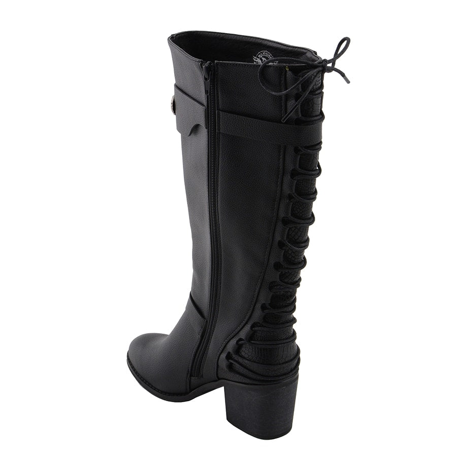Ladies Back End Laced Boot: Description
Ladies calf lace boot with buckles for adjustment and a snakeskin patter under the la