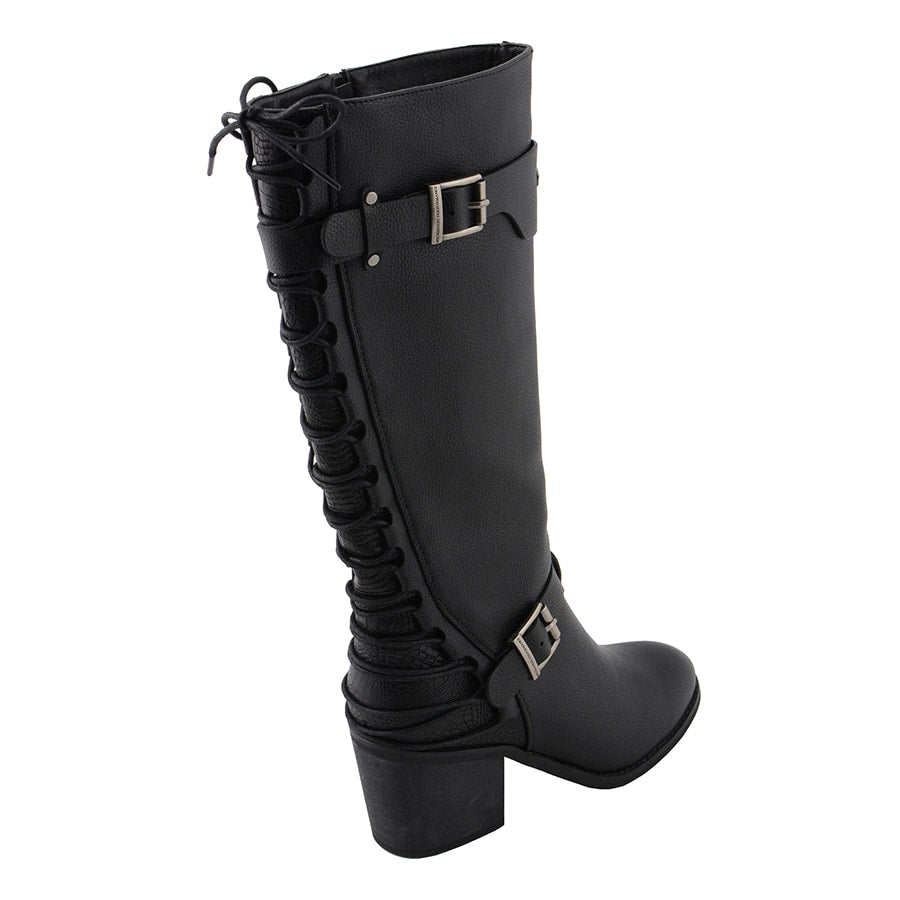 Ladies Back End Laced Boot: Description
Ladies calf lace boot with buckles for adjustment and a snakeskin patter under the la