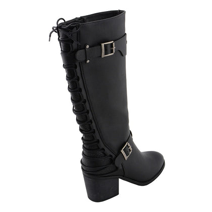 Ladies Back End Laced Boot: Description
Ladies calf lace boot with buckles for adjustment and a snakeskin patter under the la