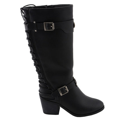 Ladies Back End Laced Boot: Description
Ladies calf lace boot with buckles for adjustment and a snakeskin patter under the la