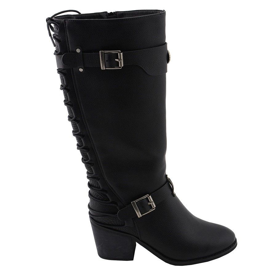 Ladies Back End Laced Boot: Description
Ladies calf lace boot with buckles for adjustment and a snakeskin patter under the la