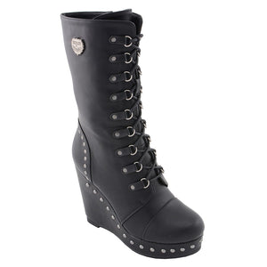 Ladies Lace Boot W/Platform: Description
Ladies lace-up platform boot with size zipper and rivet accents