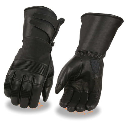 Men's Winter Gauntlet Gloves: Premium Aniline Cowhide
Thermal Lined w/ Double Strap Cuff
Elasticized Knuckles
Padded Palm w/ 