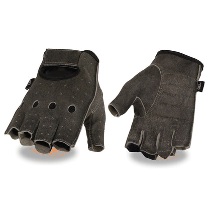 Men's Fingerless Gloves: Premium Distressed Leather
Unlined
Open Knuckle w/ Perforated Finger Panel
Wrist Strap Closure
Pull 