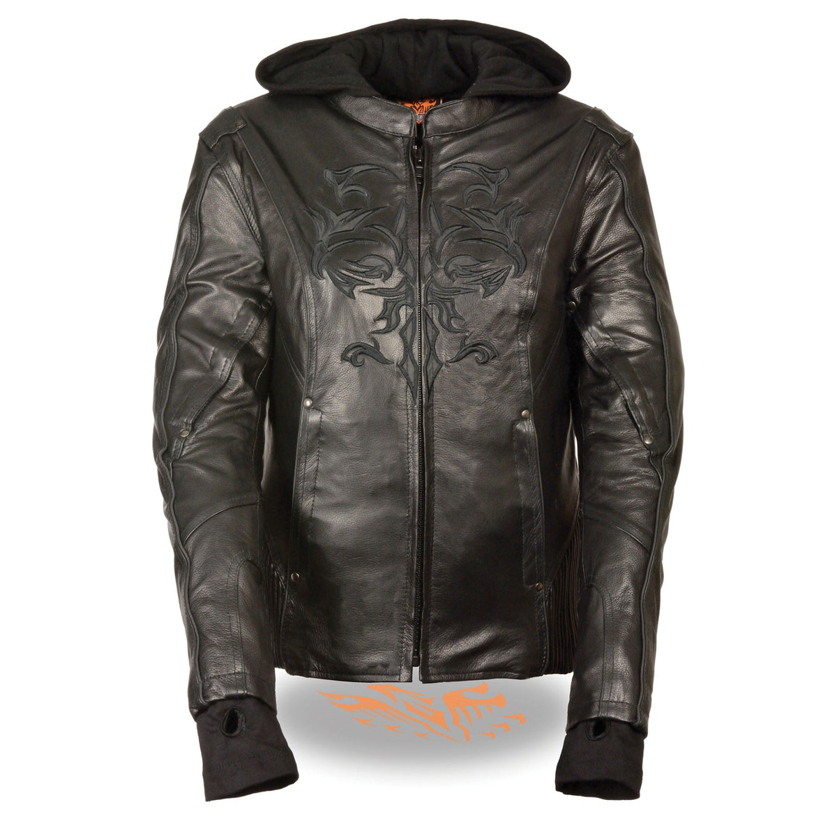 Women's Reflective Tribal Jacket: Features:

Ladies 3/4 Jacket w/ Reflective Tribal Detail
Butter Soft premium Cowhide 1
