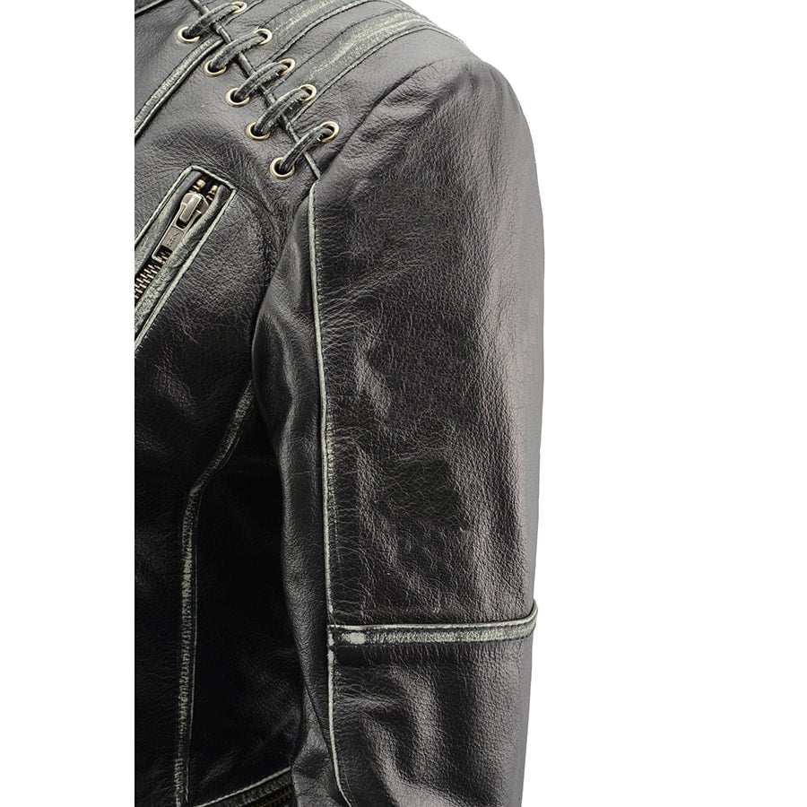 Women's Rebel Jacket Grey: Features:

Lightweight Distressed Leather with Rubbed Seams
Zipper Front with Four Front Pockets
I