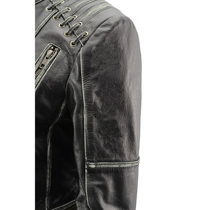 Women's Rebel Jacket Grey: Features:

Lightweight Distressed Leather with Rubbed Seams
Zipper Front with Four Front Pockets
I