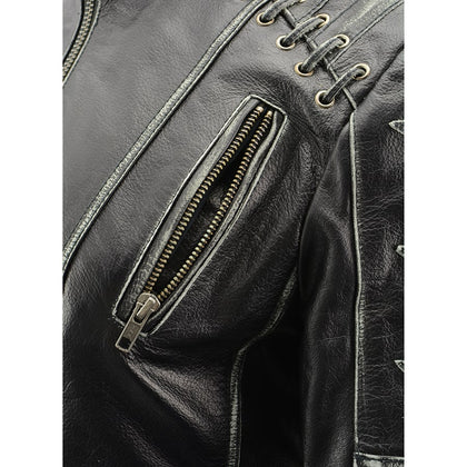 Women's Rebel Jacket Grey: Features:

Lightweight Distressed Leather with Rubbed Seams
Zipper Front with Four Front Pockets
I