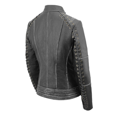 Women's Rebel Jacket Grey: Features:

Lightweight Distressed Leather with Rubbed Seams
Zipper Front with Four Front Pockets
I