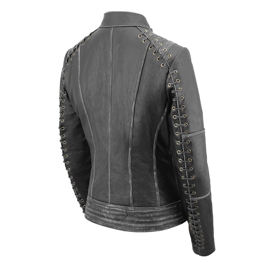 Women's Rebel Jacket Grey: Features:

Lightweight Distressed Leather with Rubbed Seams
Zipper Front with Four Front Pockets
I
