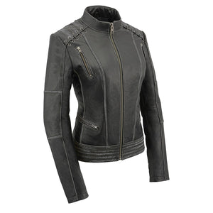 Women's Rebel Jacket Grey: Features:

Lightweight Distressed Leather with Rubbed Seams
Zipper Front with Four Front Pockets
I