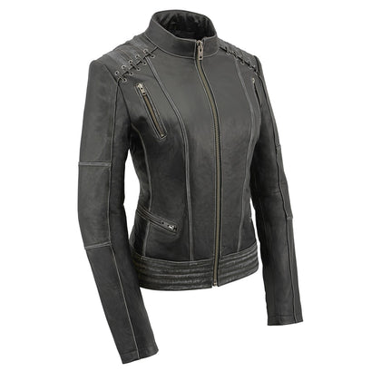 Women's Rebel Jacket Grey: Features:

Lightweight Distressed Leather with Rubbed Seams
Zipper Front with Four Front Pockets
I