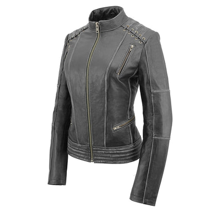 Women's Rebel Jacket Grey: Features:

Lightweight Distressed Leather with Rubbed Seams
Zipper Front with Four Front Pockets
I