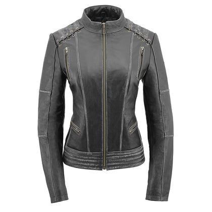 Women's Rebel Jacket Grey: Features:

Lightweight Distressed Leather with Rubbed Seams
Zipper Front with Four Front Pockets
I