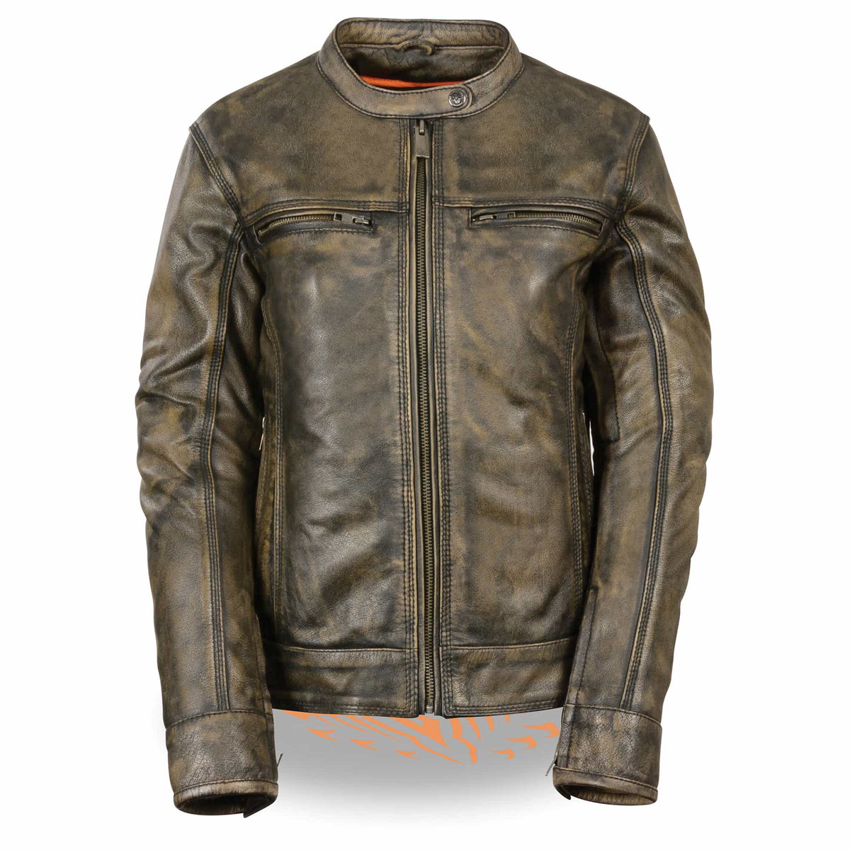 Ladies Distressed Grey Jacket: Features:

This women's long body gray leather jacket features a worn-in, vintage look but kee