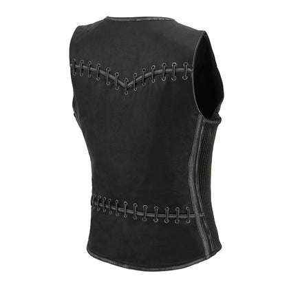 Ladies Classic Zip Up Vest with Lace: Features:

Women Distressed Black Leather Vest with Lace &amp; Star Accents
Lightweight