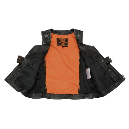 Ladies Classic Zip Up Vest with Lace: Features:

Women Distressed Black Leather Vest with Lace &amp; Star Accents
Lightweight