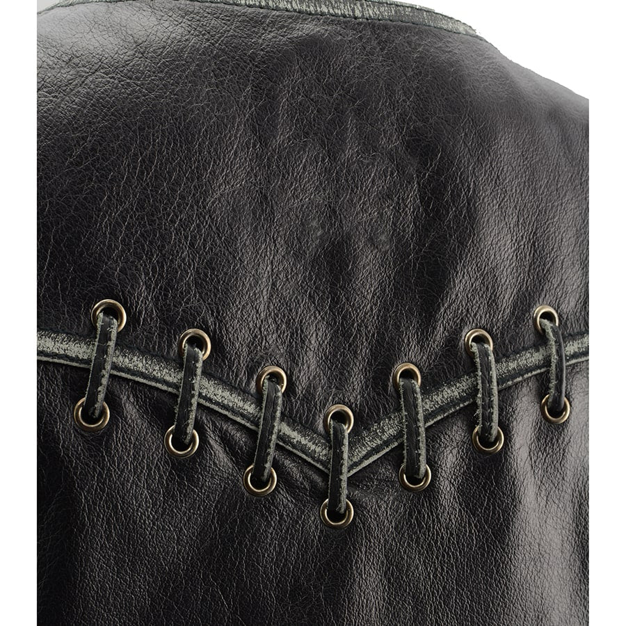 Ladies Classic Zip Up Vest with Lace: Features:

Women Distressed Black Leather Vest with Lace &amp; Star Accents
Lightweight