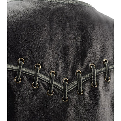 Ladies Classic Zip Up Vest with Lace: Features:

Women Distressed Black Leather Vest with Lace &amp; Star Accents
Lightweight