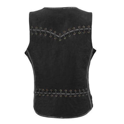 Ladies Classic Zip Up Vest with Lace: Features:

Women Distressed Black Leather Vest with Lace &amp; Star Accents
Lightweight
