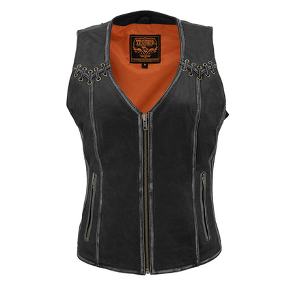Ladies Classic Zip Up Vest with Lace: Features:

Women Distressed Black Leather Vest with Lace &amp; Star Accents
Lightweight