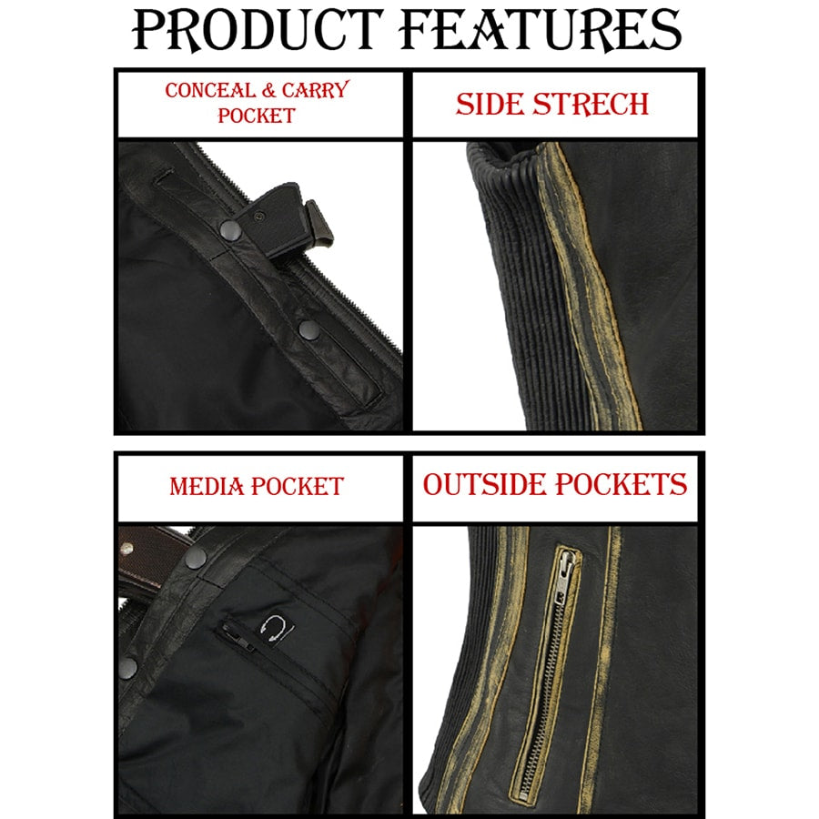 Ladies Classic Zip Up Vest with Lace: Features:

Women Distressed Black Leather Vest with Lace &amp; Star Accents
Lightweight