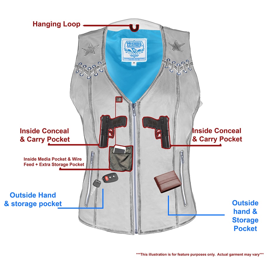 Ladies Classic Zip Up Vest with Lace: Features:

Women Distressed Black Leather Vest with Lace &amp; Star Accents
Lightweight