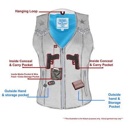 Ladies Classic Zip Up Vest with Lace: Features:

Women Distressed Black Leather Vest with Lace &amp; Star Accents
Lightweight
