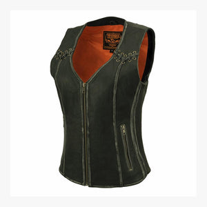 Ladies Classic Zip Up Vest with Lace: Features:

Women Distressed Black Leather Vest with Lace &amp; Star Accents
Lightweight