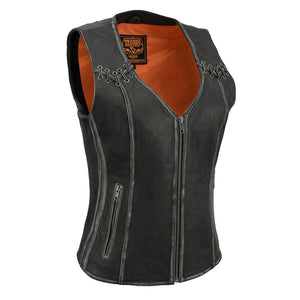 Ladies Classic Zip Up Vest with Lace: Features:

Women Distressed Black Leather Vest with Lace &amp; Star Accents
Lightweight