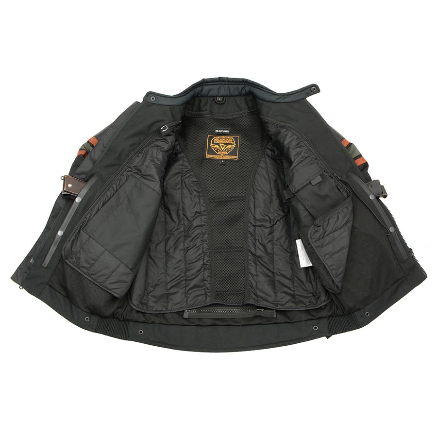 Men's Textile & Leather Jacket: Features:

Men's Combo Leather &amp; Textile Armored Racing Stripe Jacket
Premium Cowhide/Wat