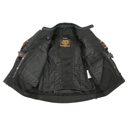 Men's Textile & Leather Jacket: Features:

Men's Combo Leather &amp; Textile Armored Racing Stripe Jacket
Premium Cowhide/Wat