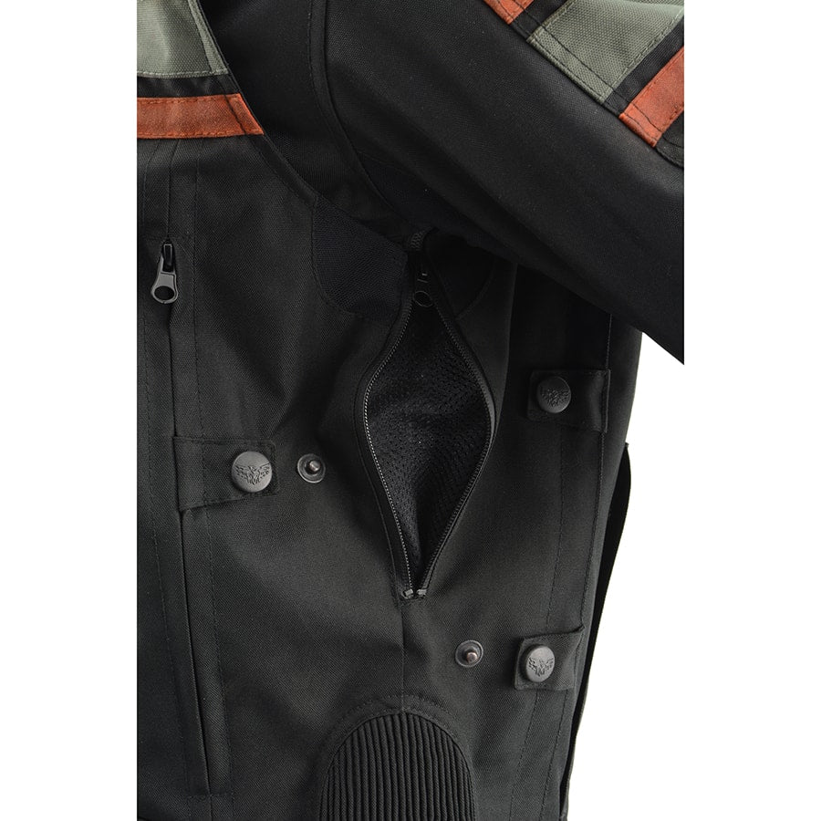 Men's Textile & Leather Jacket: Features:

Men's Combo Leather &amp; Textile Armored Racing Stripe Jacket
Premium Cowhide/Wat
