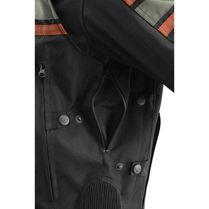 Men's Textile & Leather Jacket: Features:

Men's Combo Leather &amp; Textile Armored Racing Stripe Jacket
Premium Cowhide/Wat
