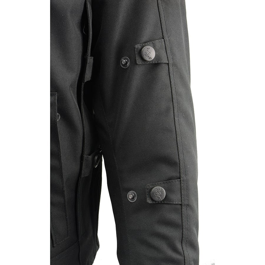 Men's Textile & Leather Jacket: Features:

Men's Combo Leather &amp; Textile Armored Racing Stripe Jacket
Premium Cowhide/Wat