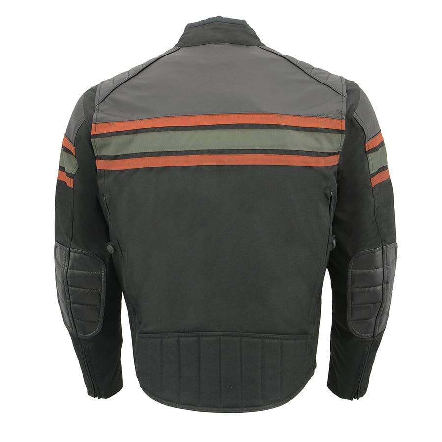 Men's Textile & Leather Jacket: Features:

Men's Combo Leather &amp; Textile Armored Racing Stripe Jacket
Premium Cowhide/Wat