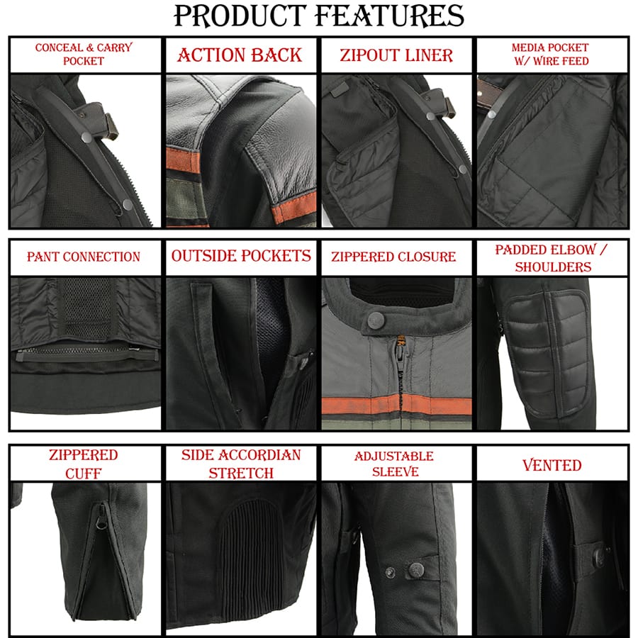 Men's Textile & Leather Jacket: Features:

Men's Combo Leather &amp; Textile Armored Racing Stripe Jacket
Premium Cowhide/Wat