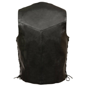 Men's Leather Vest W/Laces Blk: Features:

Men's side lace vest
Light weight leather
Side pockets