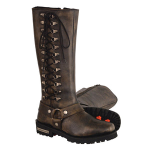 Ladies Tall Lace-up Boot  Distressed: Features:

Women’s Distressed Brown “14”Inch Classic Harness Square Toe Leather Boot w/