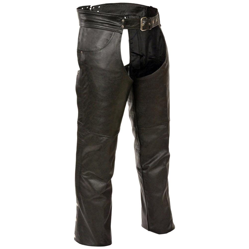 Jean Style Leather Chaps: Features:

Jean Style Pocket Chap
Lined
4 snap boot cuffs for easy wearability
Zipper buffer preven