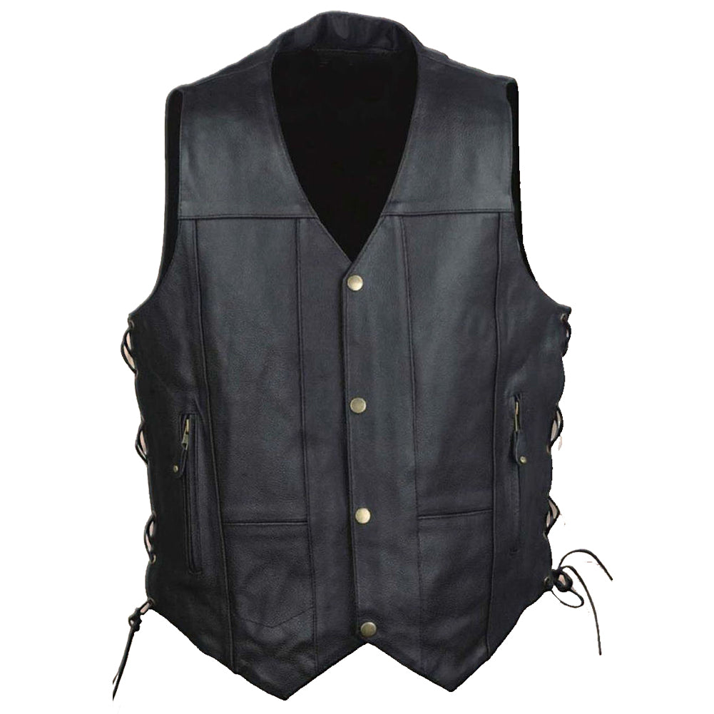 Men's 10 Pocket Vest: Features:

Promotional Grade Leather
Classic Four Snap Front Look with Side Lacing Detail
Two Lower Fro