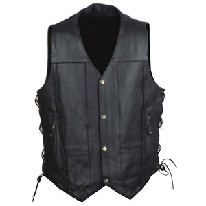 Men's 10 Pocket Vest: Features:

Promotional Grade Leather
Classic Four Snap Front Look with Side Lacing Detail
Two Lower Fro