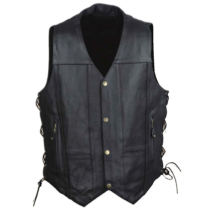 Men's 10 Pocket Vest: Features:

Promotional Grade Leather
Classic Four Snap Front Look with Side Lacing Detail
Two Lower Fro