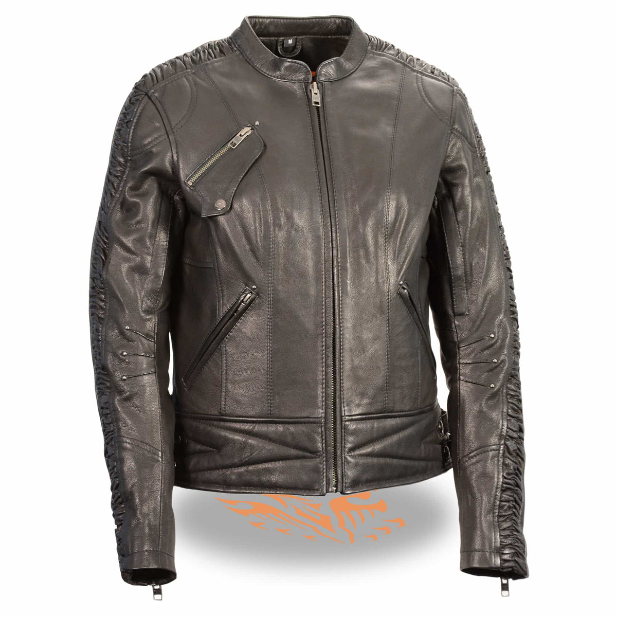 Ladies Crinkled Arm Leather Jacket: Features:

1