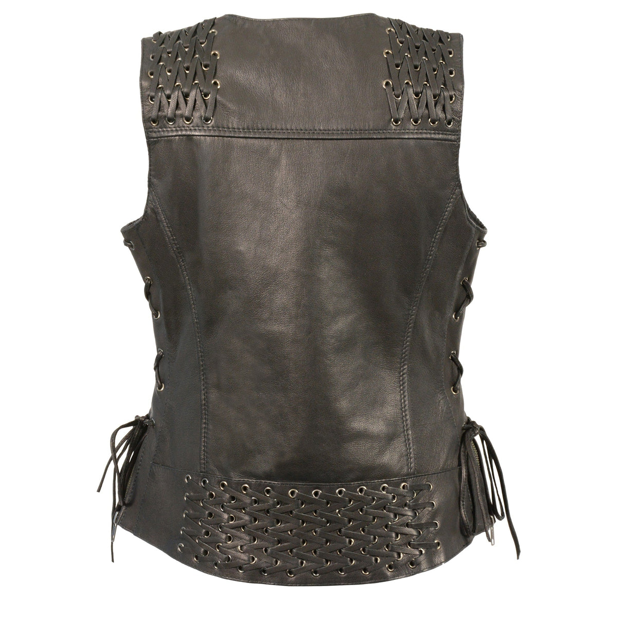 Ladies Front Snap Vest with Lace: Features:

Premium Goatskin Leather
Two Front Hand Pockets
Lace after Lace Side, Shoulder &