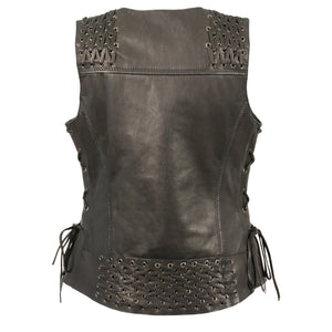 Ladies Front Snap Vest with Lace: Features:

Premium Goatskin Leather
Two Front Hand Pockets
Lace after Lace Side, Shoulder &