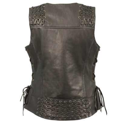 Ladies Front Snap Vest with Lace: Features:

Premium Goatskin Leather
Two Front Hand Pockets
Lace after Lace Side, Shoulder &