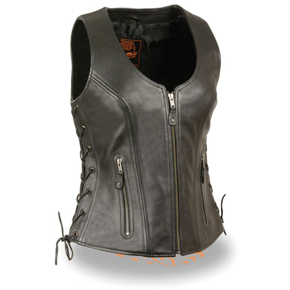 Ladies Open Neck Zip Up Vest with Side Laces: Features:

1